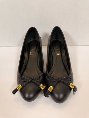 Ralph Lauren Black Leather Tassel Wedges with Gold Accents